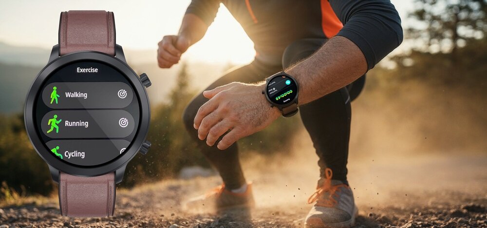 Na obrazie widoczny jest smartwatch z wyświetlaczem pokazującym opcje \'Walking\', \'Running\' i \'Cycling\'. W tle osoba w sportowym stroju kuca na ziemi, nosząc podobny smartwatch na nadgarstku.