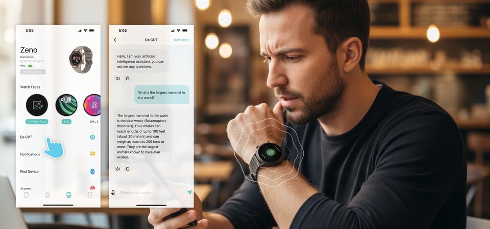 Mężczyzna patrzy na smartwatch na swoim nadgarstku, a obok widoczne są zrzuty ekranu z aplikacji na telefonie. Na ekranie aplikacji widać tekst: \'Hello, I am your artificial intelligence assistant, you can ask me any question.\' oraz \'What\'s the largest mammal in the world?\'
