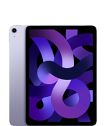 Tablet w kolorze niebieskim z wyświetlaczem przedstawiającym abstrakcyjne, fioletowe wzory. Na obudowie widoczne jest logo producenta: APPLE.