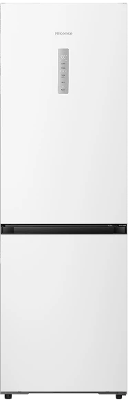 Biała lodówka z dolnym zamrażalnikiem, na drzwiach widoczne jest logo \'Hisense\' oraz panel sterowania z przyciskami i wyświetlaczem.