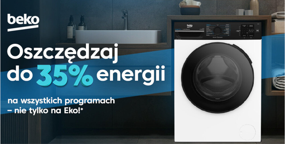 Na obrazie widoczna jest pralka z logo \'beko\' oraz tekst: \'Oszczędzaj do 35% energii na wszystkich programach – nie tylko na Eko!*\'.