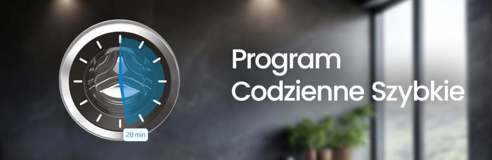 Obraz przedstawia zegar z zaznaczonym niebieskim segmentem i napisem \'28 min\'. Obok znajduje się tekst \'Program Codzienne Szybkie\'.