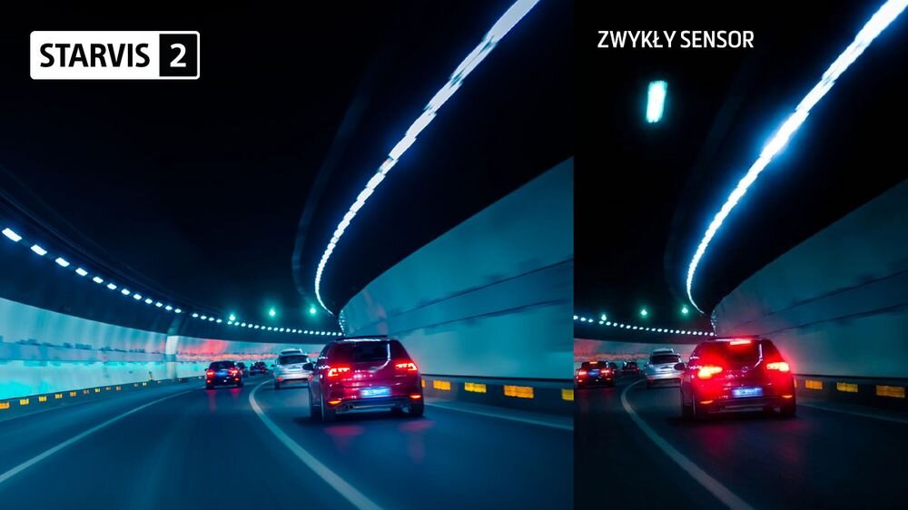 MiVue™ 803WD Pro MiVue™ 803WD Pro nagrań podczas jazdy nocą koryguje jasne partie kadru technologią ograniczającą rozmycie - Zestawienie jakości obrazu w nocnym tunelu