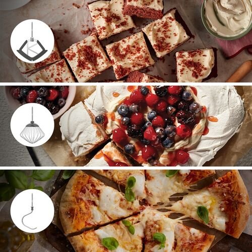 Obraz przedstawia trzy różne potrawy: ciasto z kremem, deser z owocami i pizzę. Obok każdej potrawy widoczne są ikony narzędzi kuchennych: mieszadło, trzepaczka i hak do ciasta.