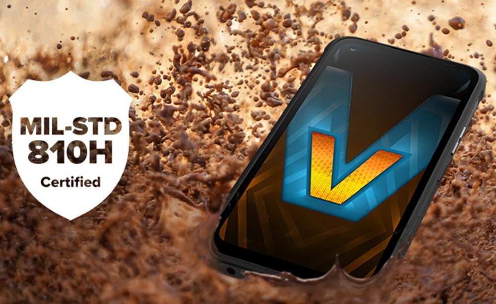 Smartfon zanurzony w cieczy, na ekranie widoczna jest litera \'V\' na tle geometrycznym. Obok znajduje się tarcza z napisem \'MIL-STD 810H Certified\'.