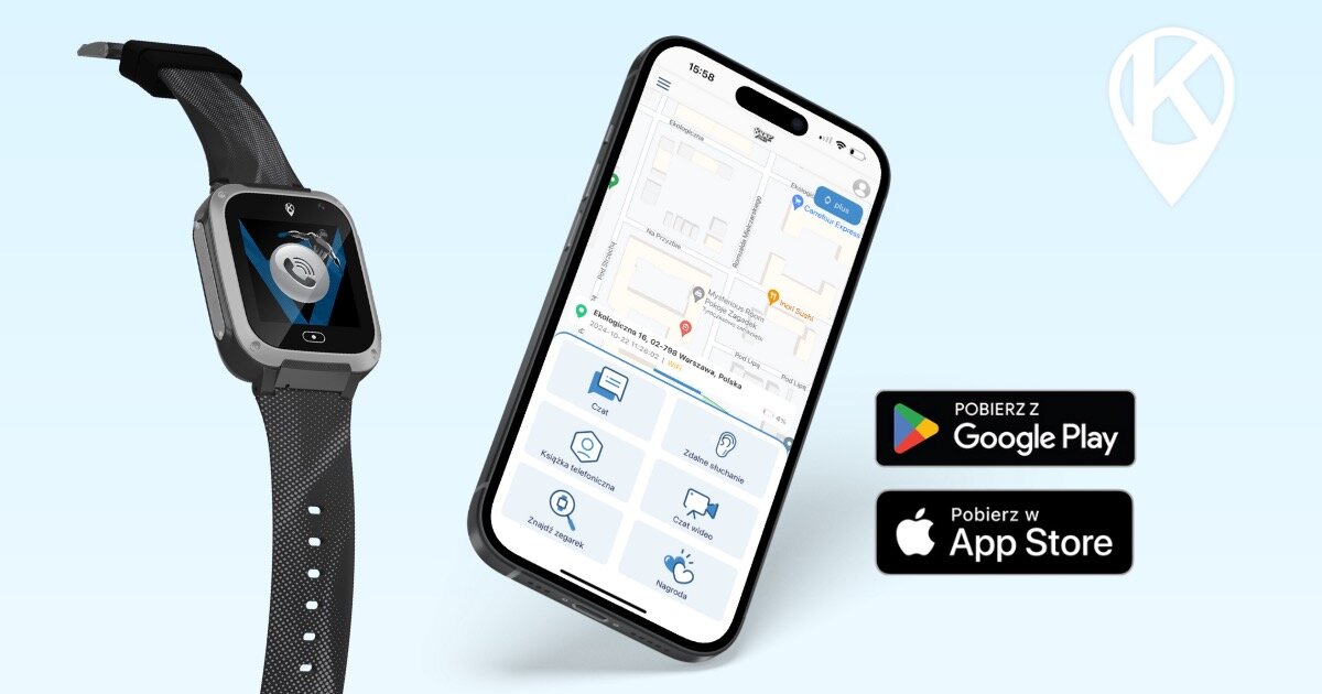 Obraz przedstawia czarny smartwatch z wyświetlaczem oraz smartfon z aplikacją mapy na ekranie. Obok znajdują się ikony \'Pobierz z Google Play\' i \'Pobierz w App Store\'.