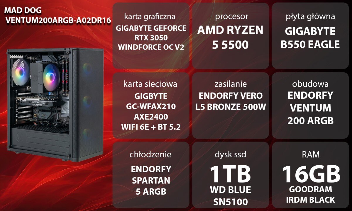 Komputer MAD DOG VENTUM200ARGB-A02DR16 Kobieta w słuchawkach z podświetleniem LED gra na komputerze. Siedzi przy biurku z monitorem, klawiaturą i myszką, w tle znajduje się gamingowe studio z żółtymi akcentami oświetlenia, przeznaczenie, komponenty, testy