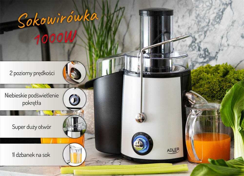Na obrazie widoczna jest sokowirówka z napisem \'Sokowirówka 1000W\'. Obok urządzenia znajdują się szklanka z sokiem i warzywa, a na sokowirówce widnieje logo \'ADLER\'.