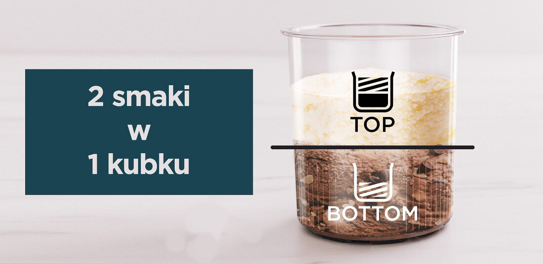Obraz przedstawia przezroczysty kubek z dwoma warstwami lodów, oznaczonymi jako \'TOP\' i \'BOTTOM\'. Obok znajduje się tekst: \'2 smaki w 1 kubku\'.