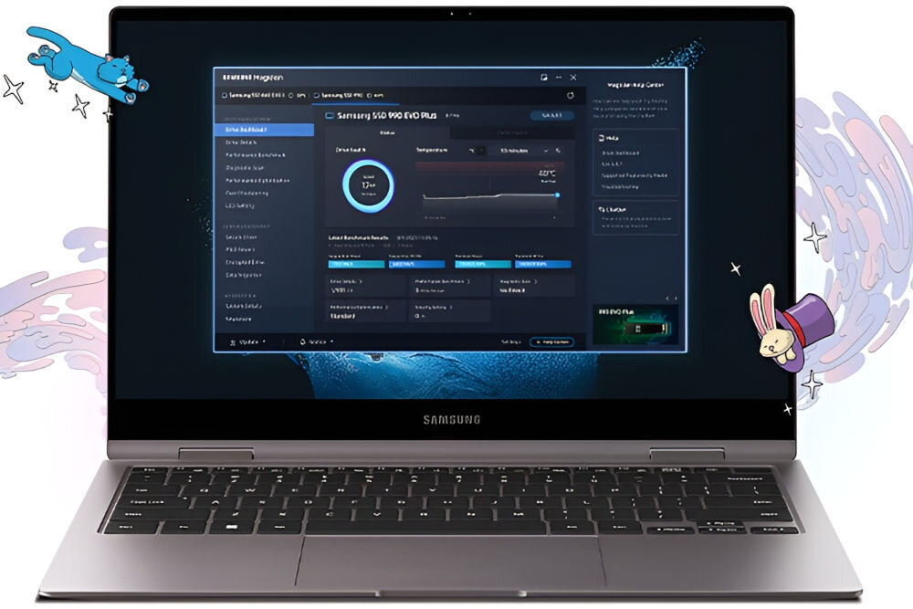 Na ekranie laptopa marki Samsung wyświetlony jest interfejs oprogramowania Samsung Magician z informacjami o dysku Samsung SSD 990 EVO Plus. W tle widoczne są kolorowe ilustracje przedstawiające niebieskiego kota i królika w cylindrze.