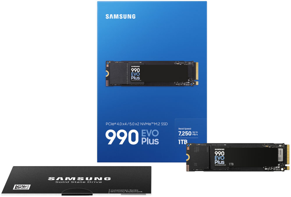 Na obrazie widoczny jest dysk SSD z oznaczeniem \'990 EVO Plus\' oraz opakowanie z logo \'SAMSUNG\'. Na opakowaniu znajduje się informacja o prędkości odczytu \'7,250 MB/s\' i pojemności \'1TB\'.
