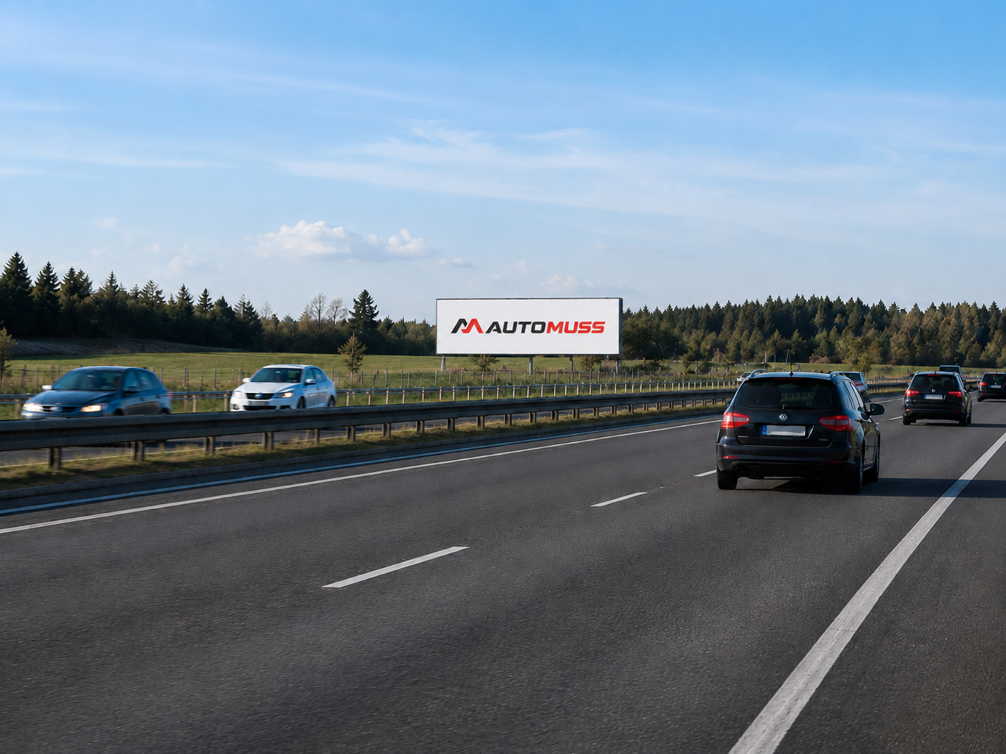 Na autostradzie widać kilka samochodów jadących w obu kierunkach. W tle znajduje się billboard z napisem \'AUTOMUSS\'.