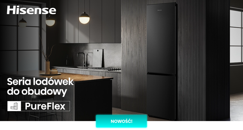 Kuchnia z ciemnymi szafkami i lodówką w zabudowie. Na obrazie widoczny jest tekst: \'Hisense\', \'Seria lodówek do obudowy\', \'PureFlex\', \'NOWOŚĆ!\'.