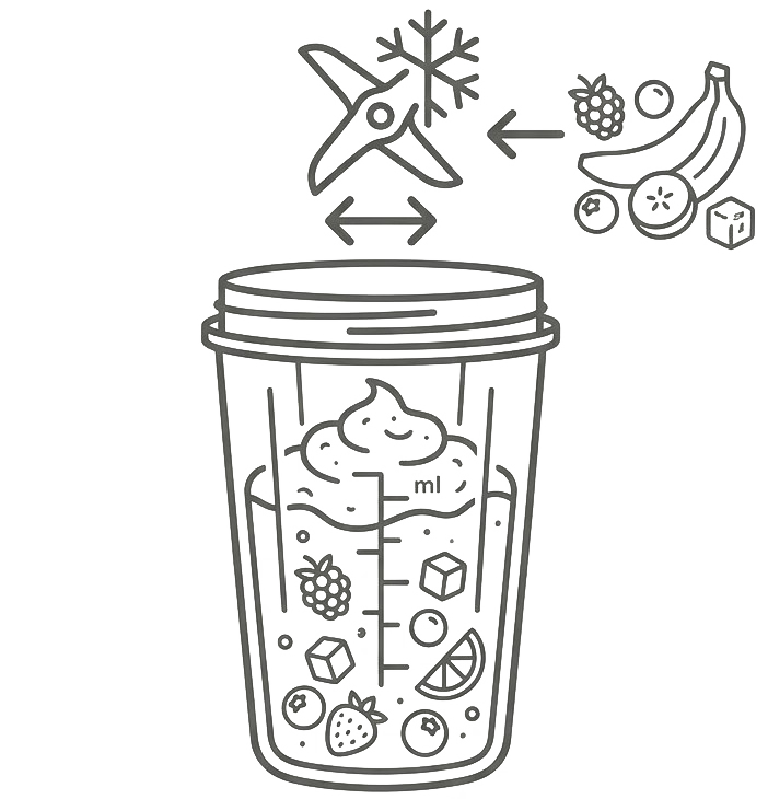 Ilustracja przedstawia kubek blendera z miarką, wypełniony owocami i kostkami lodu. Nad nim widoczny jest symbol ostrza z płatkiem śniegu oraz różne owoce, takie jak banan, jagody i plaster cytryny.