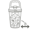 Ilustracja przedstawia kontur blendera z pokrywką, wypełnionego owocami i warzywami. Obok znajduje się symbol kłódki z podwójną strzałką wskazującą na mechanizm zamykania.