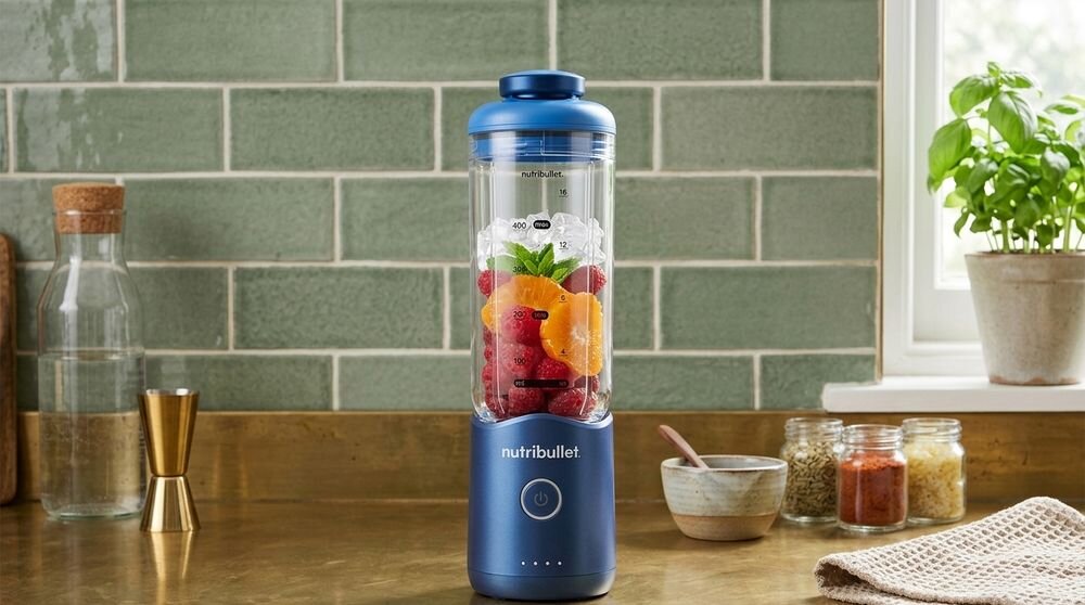 blender personalny NUTRIBULLET Flex NBP013.BL z owocami i lodem na blacie