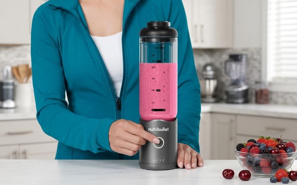 Blender personalny NUTRIBULLET Flex NBP013.BL stojący na blacie w kuchni