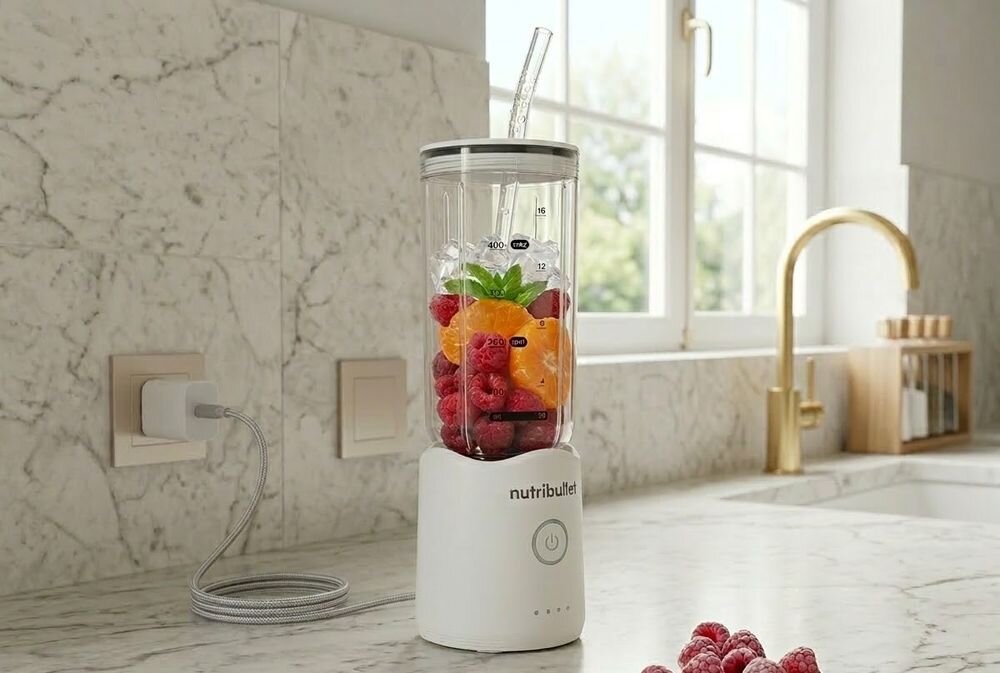 Blender personalny NUTRIBULLET Flex NBP013.BL stojący na blacie w kuchni podłączony do prądu