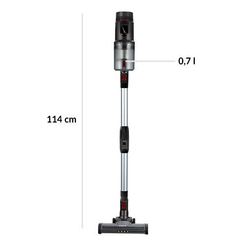 Na obrazie widoczny jest pionowy odkurzacz o wysokości 114 cm z pojemnikiem na kurz o pojemności 0,7 litra. Odkurzacz ma metaliczny kolor z czarnymi i czerwonymi elementami.