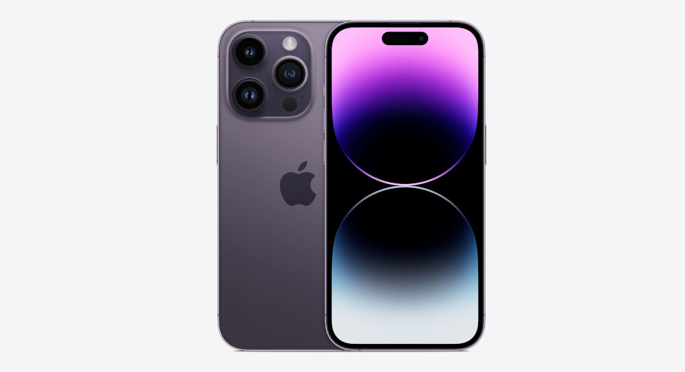 Na obrazie widoczny jest smartfon z trzema aparatami z tyłu i ekranem wyświetlającym gradientowe tło w odcieniach fioletu i czerni. Na obudowie znajduje się logo w kształcie nadgryzionego jabłka.