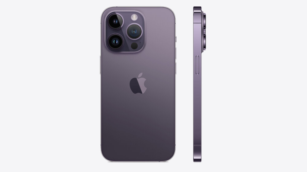 Na obrazie widoczny jest smartfon w kolorze ciemnym z trzema aparatami z tyłu i logo w kształcie nadgryzionego jabłka. Obok znajduje się boczny widok urządzenia, ukazujący jego grubość i przyciski.