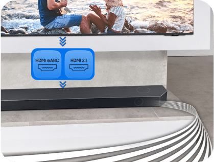 Na obrazie widoczny jest soundbar umieszczony pod telewizorem, z oznaczeniami HDMI eARC i HDMI 2.1. Obok soundbara znajdują się przewody, a na ekranie telewizora widać dwie osoby siedzące na plaży.