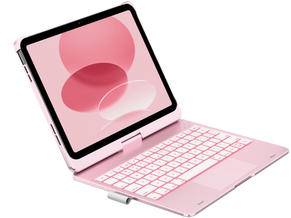 Jasnoróżowe etui na iPad z klawiaturą, z wyświetlaczem pokazującym różowe i białe owalne kształty. Etui ma zawias umożliwiający regulację kąta nachylenia ekranu.