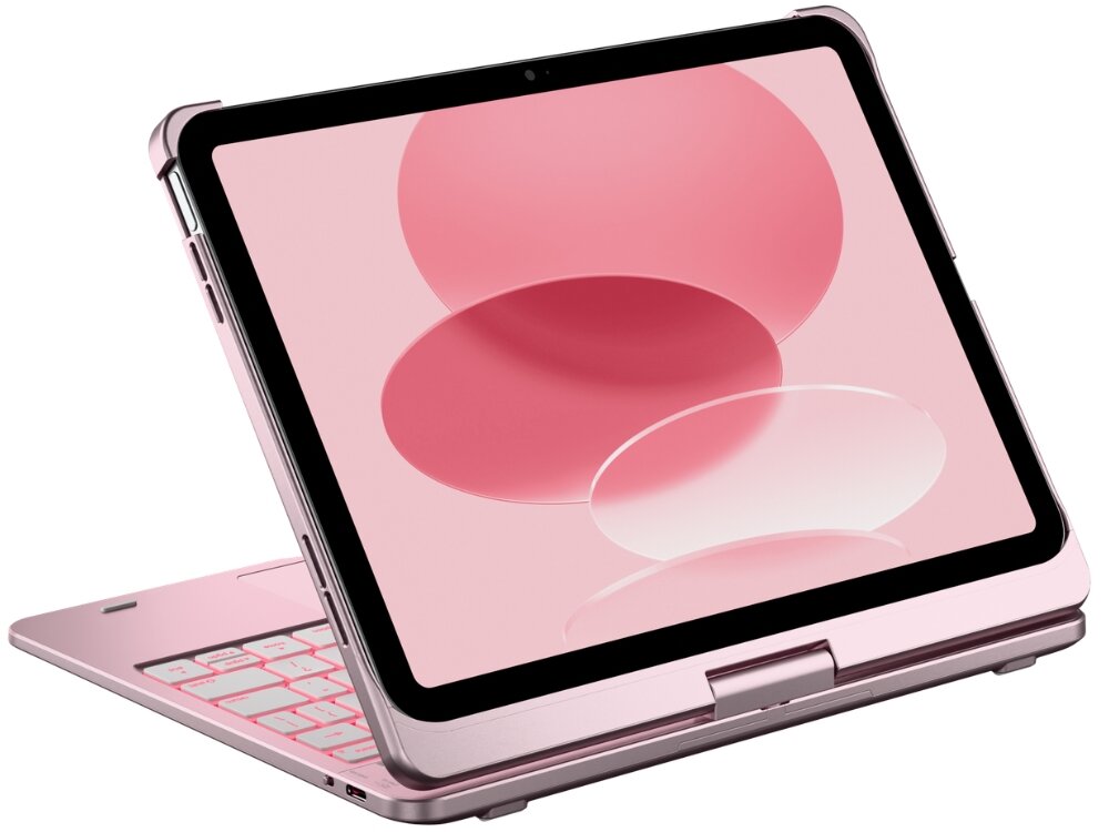 Jasnoróżowe etui na iPad z klawiaturą, z wyświetlaczem pokazującym różowe okręgi na jasnym tle.