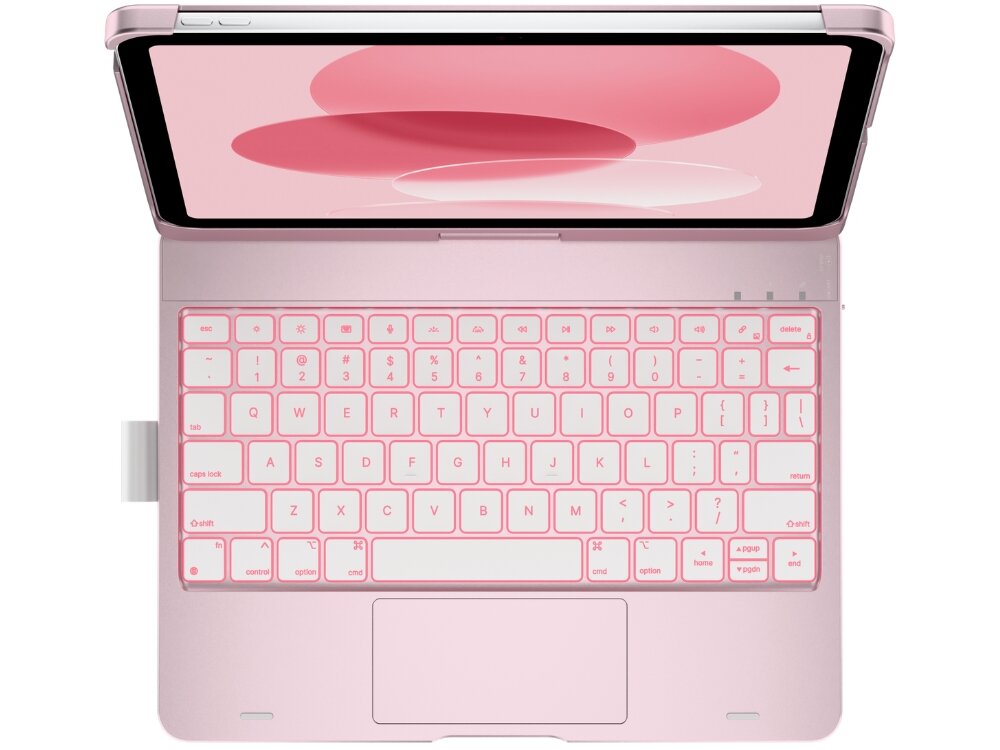 Jasnoróżowe etui na iPad z klawiaturą, widoczne z góry. Klawiatura ma białe klawisze z różowymi obramowaniami.