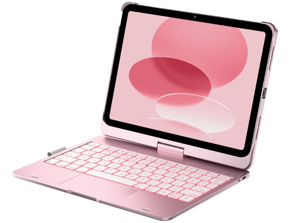 Jasnoróżowe etui na iPad z klawiaturą, z wyświetlaczem pokazującym różowe okręgi na białym tle. Klawiatura jest podświetlana na różowo, a etui ma miejsce na rysik.
