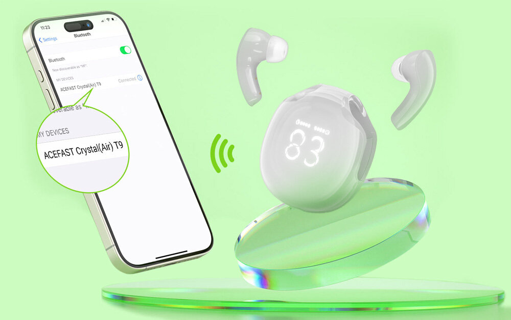 Obraz przedstawia białe słuchawki dokanałowe ACEFAST T9 oraz smartfon z włączonym Bluetooth, na którym widoczny jest tekst \'ACEFAST Crystal(Air) T9\'. Słuchawki i etui ładujące unoszą się nad zieloną powierzchnią, a na etui widoczny jest numer \'83\'.