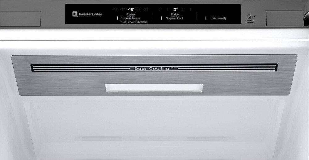 Panel lodówki z wyświetlaczem pokazującym temperatury: zamrażarka -18°C, lodówka 3°C. Widoczny napis \'Door Cooling+\' oraz logo \'Inverter Linear\'.
