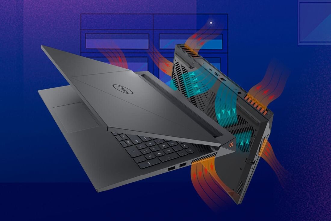 Obraz przedstawia otwarty laptop z widocznym logo producenta na pokrywie. Wokół laptopa widoczne są kolorowe strzałki symbolizujące przepływ powietrza.