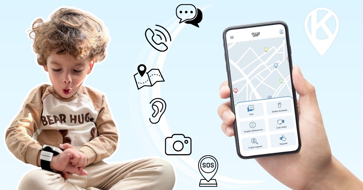 Dziecko w piżamie z napisem \'BEAR HUG\' patrzy na smartwatch na nadgarstku. Obok widoczny jest telefon z aplikacją mapy oraz ikony symbolizujące funkcje takie jak rozmowy, wiadomości, lokalizacja i SOS.