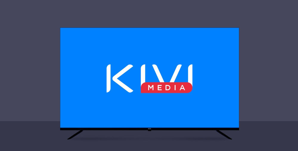 Telewizor z niebieskim ekranem, na którym widnieje napis \'KIVI MEDIA\'.