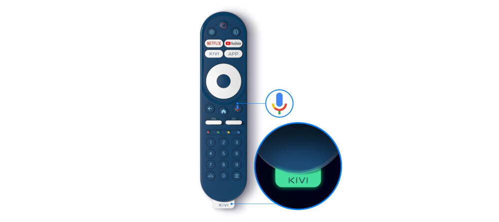 Pilot w kolorze granatowym z przyciskami do obsługi aplikacji takich jak Netflix, YouTube, KIVI i APP. Na dole pilota znajduje się przycisk z napisem \'KIVI\'.