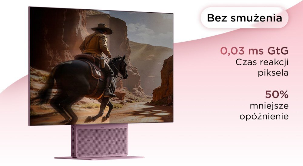 Grafika przedstawiająca monitor TCL na jasnym tle z tekstem opisującym cześć jego parametrów (czas reakcji, brak smużenia, 50% mniejsze opóźnienie).