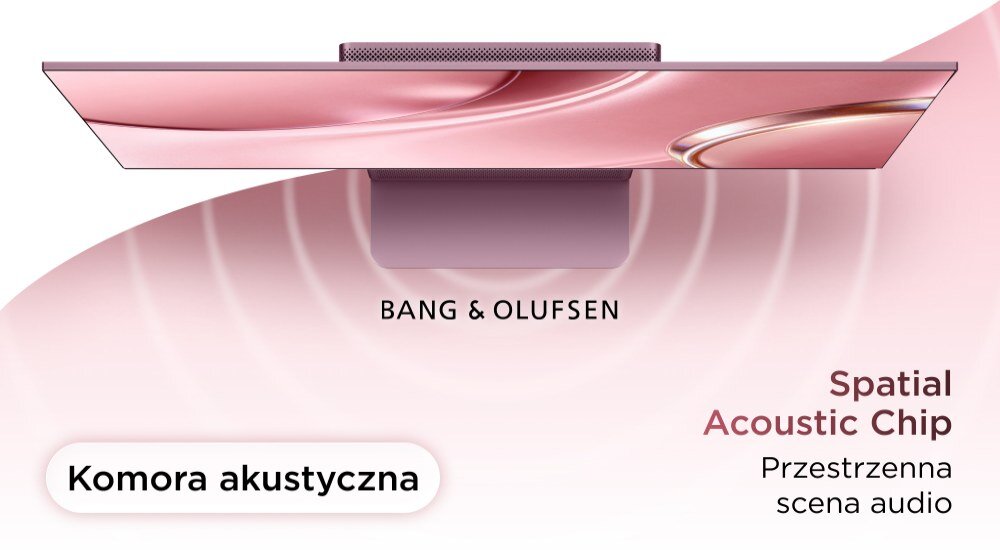 Obraz przedstawia monitor TCL na jasnym tle, widoczny jest tekst 'Komora akustyczna, Spatial Acoustic Chip, Przestrzenna scena audio'.