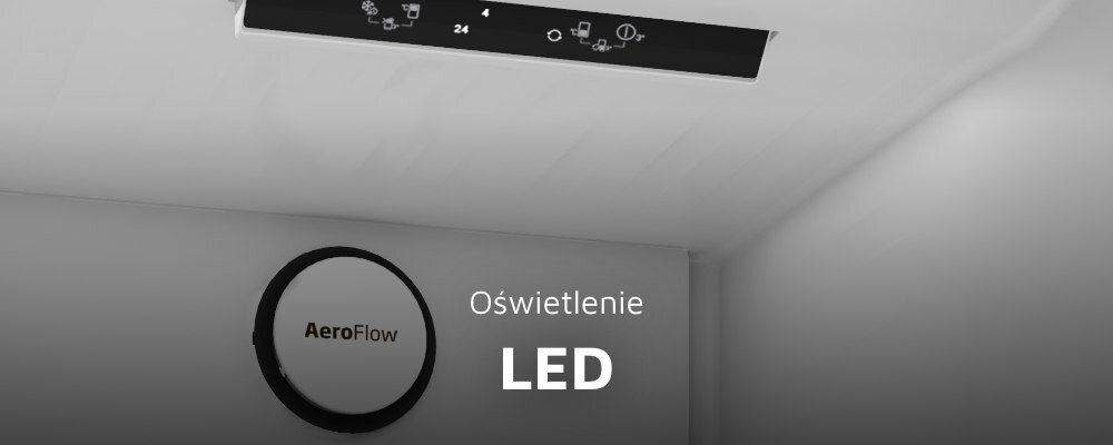 Wnętrze lodówki z widocznym panelem sterowania i napisem \'Oświetlenie LED\'. Obok znajduje się okrągły element z napisem \'AeroFlow\'.