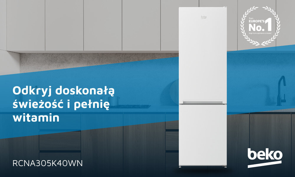 Biała lodówka z napisem \'Odkryj doskonałą świeżość i pełnię witamin\'. Widoczne logo \'beko\' oraz model \'RCNA305K40WN\'.