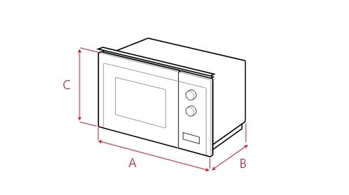 Schematyczny rysunek kuchenki mikrofalowej z oznaczeniami wymiarów A, B i C. Urządzenie posiada drzwi z oknem oraz dwa pokrętła na panelu przednim.