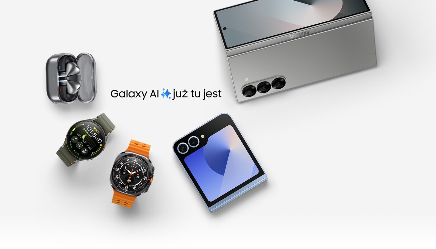 urządzenia Galaxy dostępne w Media Expert tworzą ekosystem Galaxy dla ułatwienia i uprzyjemnienia codziennych zadań Na obrazie widoczne są różne urządzenia elektroniczne, w tym składany smartfon, dwa smartwatche, słuchawki bezprzewodowe oraz tekst \'Galaxy AI już tu jest\'.