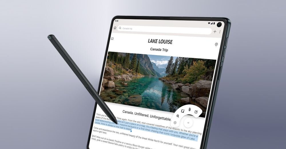 Na obrazie widoczny jest rozłożony smartfon z dużym ekranem, na którym wyświetlana jest strona internetowa z tytułem \'LAKE LOUISE Canada Trip\' oraz zdjęciem jeziora otoczonego górami. Obok smartfona znajduje się rysik.