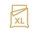 Ikona przedstawia prostokątny kształt z literami \'XL\' w środku, w kolorze złotym na szarym tle.