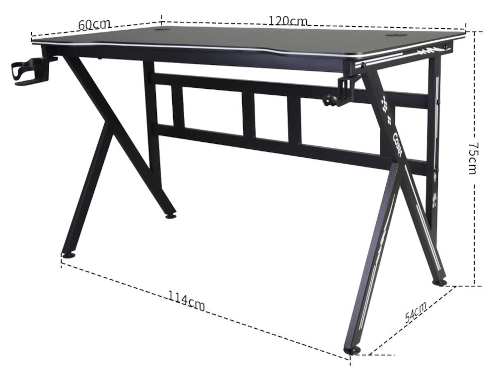Czarne biurko gamingowe z metalową ramą i uchwytem na słuchawki, o wymiarach 120 cm szerokości, 60 cm głębokości i 75 cm wysokości. Na nogach widoczne jest logo \'COBRA\'.