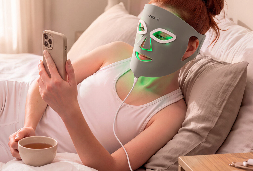 Maska LED do twarzy CECOTEC FaceCare Lum Ice Beżowy zdjęcie lifestyle 448 punktów świetlnych Światło dociera do całej powierzchni skóry