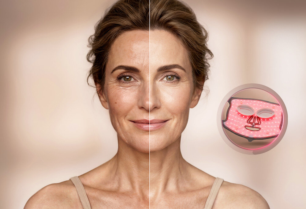 Maska LED do twarzy CECOTEC FaceCare Lum Ice Beżowy zdjęcie lifestyle Czerwone światło Anti-Age ołączenie czerwonego światła 630 nm z podczerwienią IR 850 nm