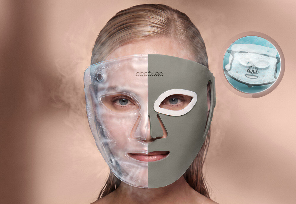 Maska LED do twarzy CECOTEC FaceCare Lum Ice Beżowy zdjęcie lifestyle Chłodzenie IceTech Technologia IceTech chłodzący moduł Połączenie światła LED z funkcją chłodzenia