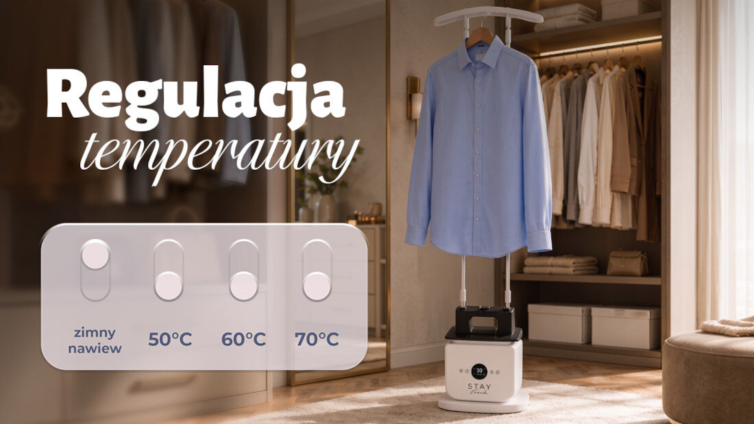 Na obrazie widoczna jest parownica do ubrań z koszulą na wieszaku oraz panel regulacji temperatury z opcjami: zimny nawiew, 50°C, 60°C, 70°C. W tle znajduje się szafa z ubraniami, a na obrazie widnieje napis \'Regulacja temperatury\'.