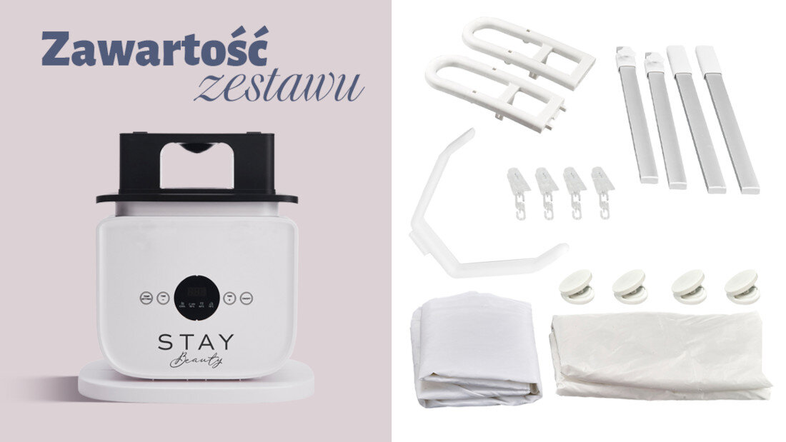 Obraz przedstawia zestaw parownicy do ubrań STAY Beauty, w skład którego wchodzą różne elementy, takie jak uchwyty, rurki, klipsy, tkanina oraz pokrowiec. Na urządzeniu widoczny jest napis \'STAY Beauty\', a po lewej stronie znajduje się tekst \'Zawartość zestawu\'.